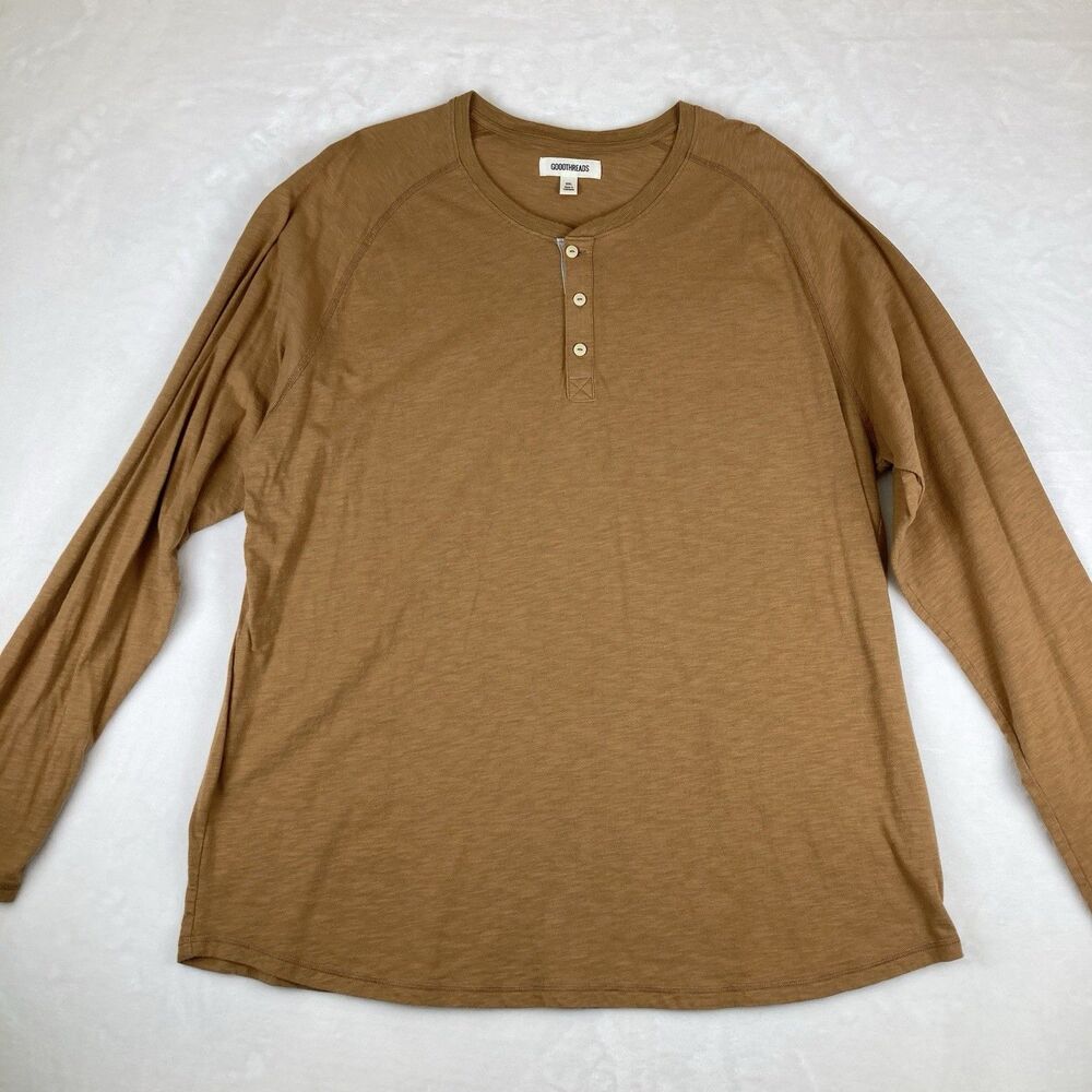 Goodthreads Henley Long Sleeve T-Shirt Mens XXL Thermal Brown Caramel Button Top